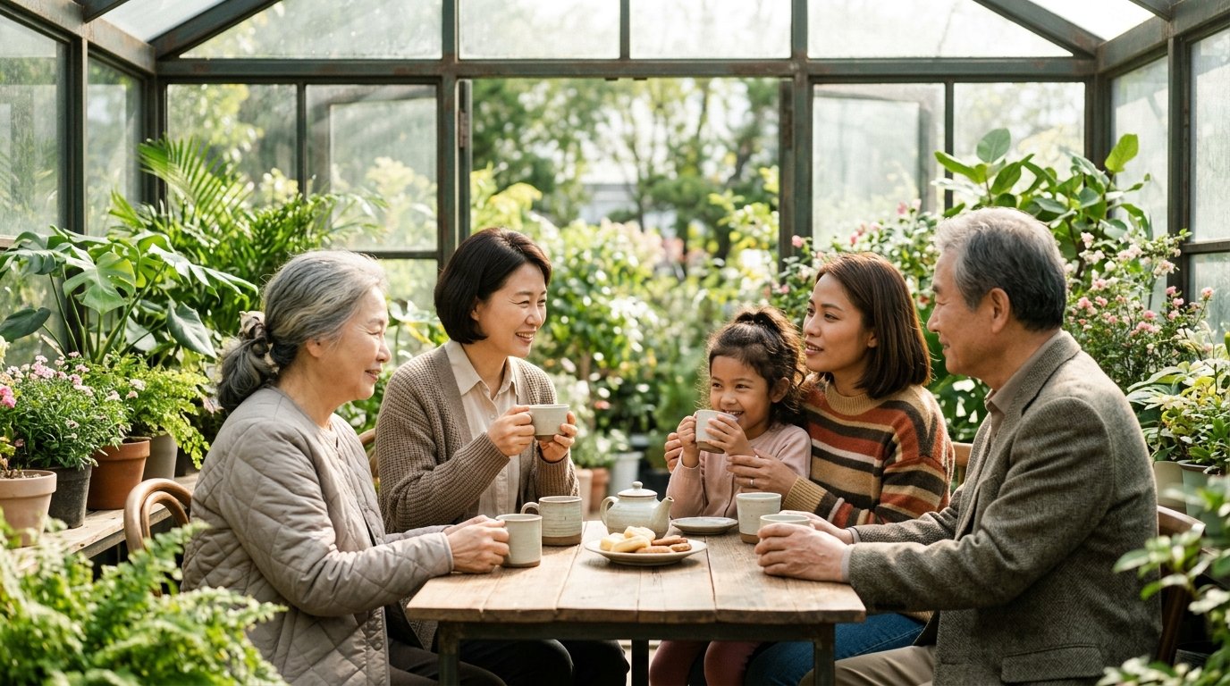 따뜻한 온실 속에서 차를 나누며 미소 짓는 다세대 다문화 가족